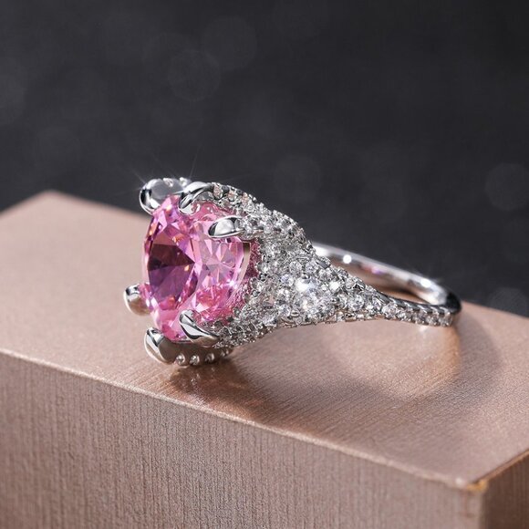 🔥Pink Heart CZ Anillos Shiny Diamonds Silver Plated Heart Ring for Women, L117 - Picture 3 of 7